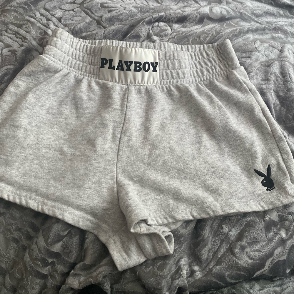 Pacsun Playboy High Waisted Relaxed Gray Legend Logo Sweat Shorts